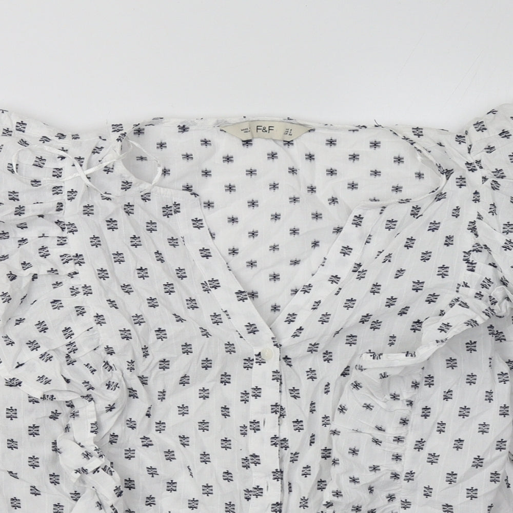 F&F Womens White Geometric Cotton Basic Button-Up Size 8 V-Neck