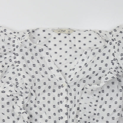 F&F Womens White Geometric Cotton Basic Button-Up Size 8 V-Neck