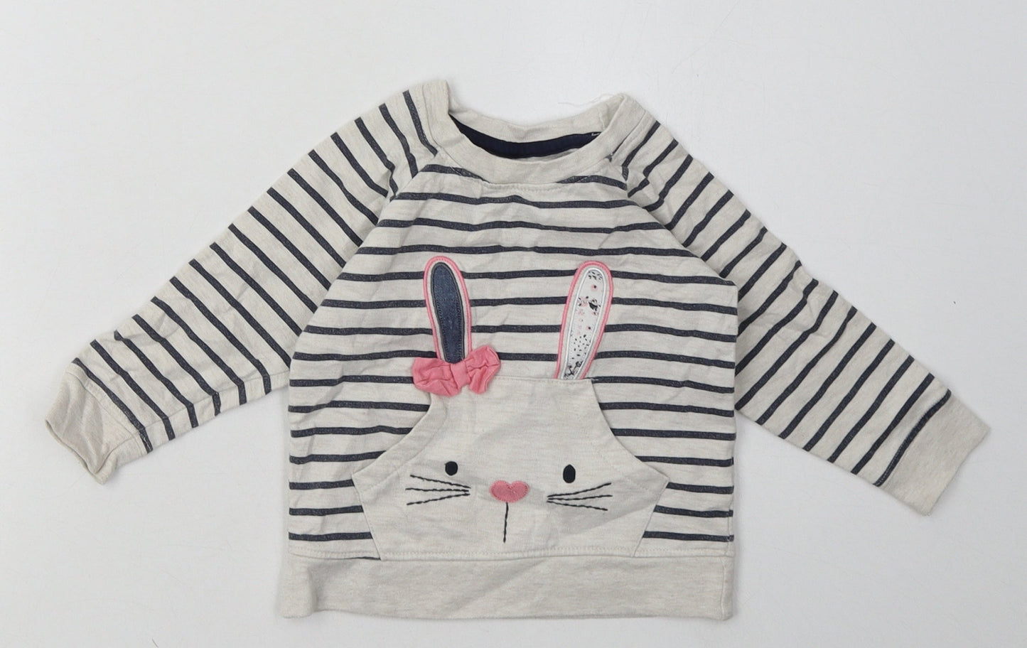 Young Dimension Girls Grey Striped Cotton Basic Casual Size 12-18 Months Crew Neck Pullover - Rabbit