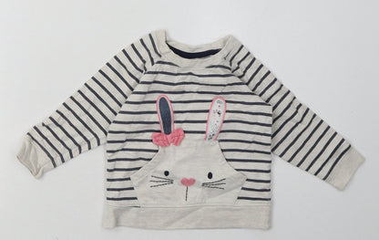 Young Dimension Girls Grey Striped Cotton Basic Casual Size 12-18 Months Crew Neck Pullover - Rabbit