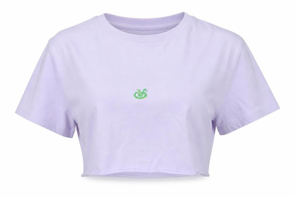 Front view of Topshop women’s purple cotton cropped t-shirt, size UK 8, crew neck