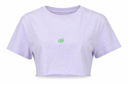 Front view of Topshop women’s purple cotton cropped t-shirt, size UK 8, crew neck
