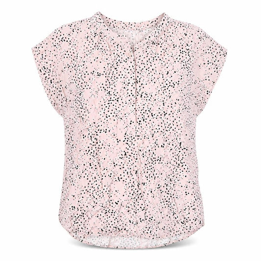 Front view of Peacocks women’s pink animal print viscose basic blouse, size UK 8, v-neck - leopard print
