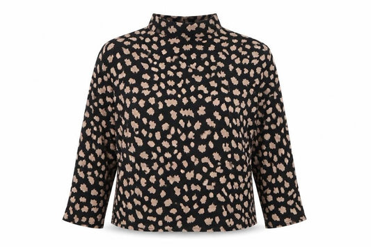 Front view of Peacocks women’s black animal print viscose basic blouse, size UK 8, mock neck - leopard print