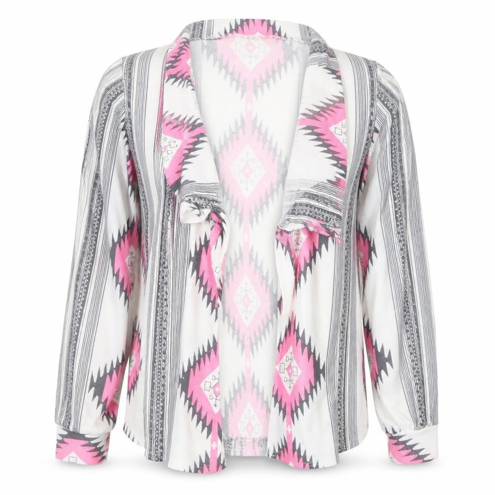 Front view of Preworn women’s grey v-neck geometric polyester cardigan jumper, size M