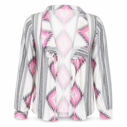 Front view of Preworn women’s grey v-neck geometric polyester cardigan jumper, size M