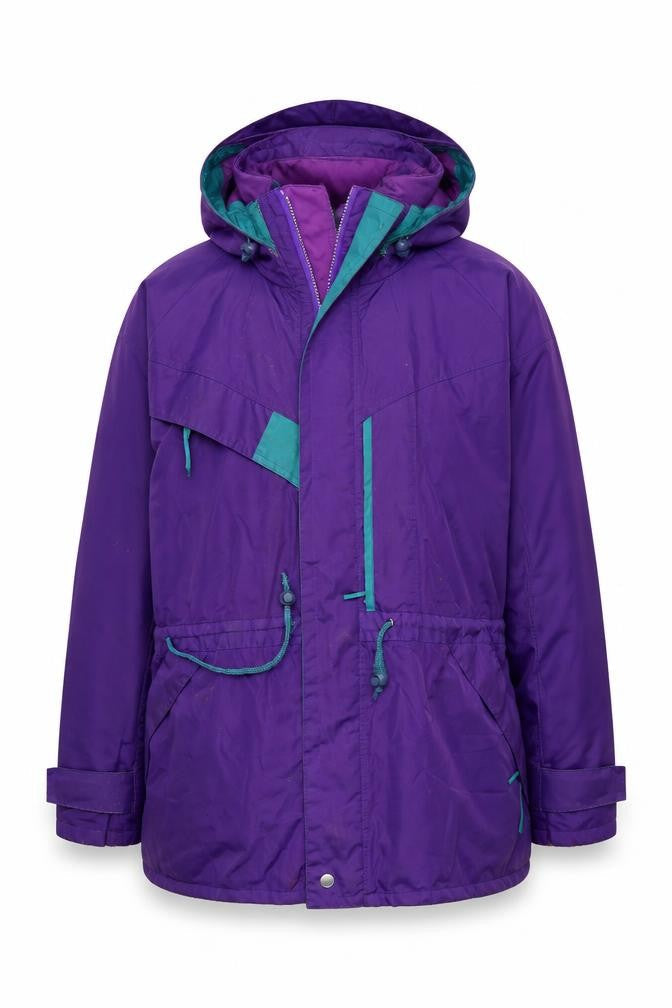 Front view of Preworn men’s purple parka coat, size S, zip