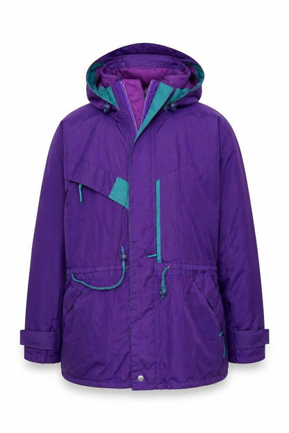 Front view of Preworn men’s purple parka coat, size S, zip