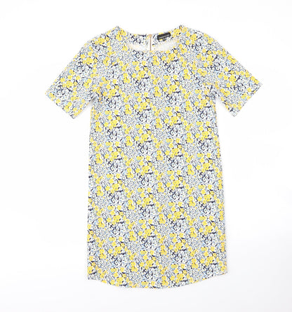 Warehouse Womens Yellow Floral Polyester Shift  Size 8  Round Neck Zip