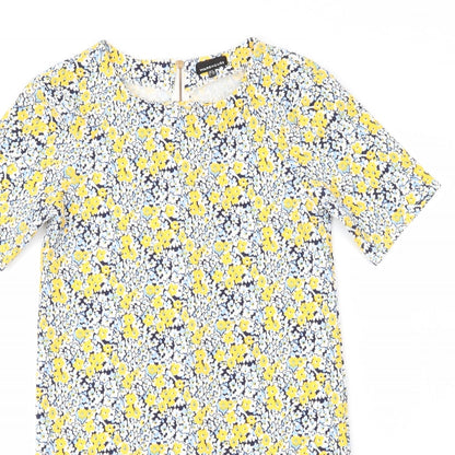 Warehouse Womens Yellow Floral Polyester Shift  Size 8  Round Neck Zip