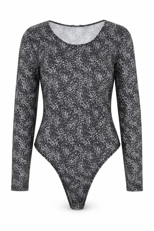Front view of Primark women’s grey floral polyester bodysuit one-piece, size UK 10, snap