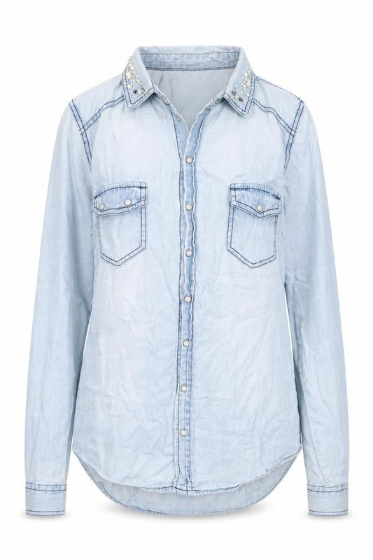 Front view of Pimkie women’s blue cotton basic blouse, size S, collared - pearls