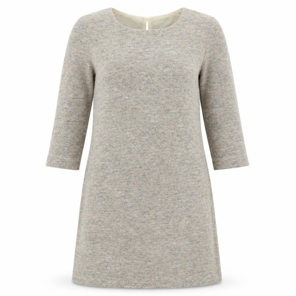 Front view of La Redoute women’s beige polyester jumper dress, size UK 8, round neck