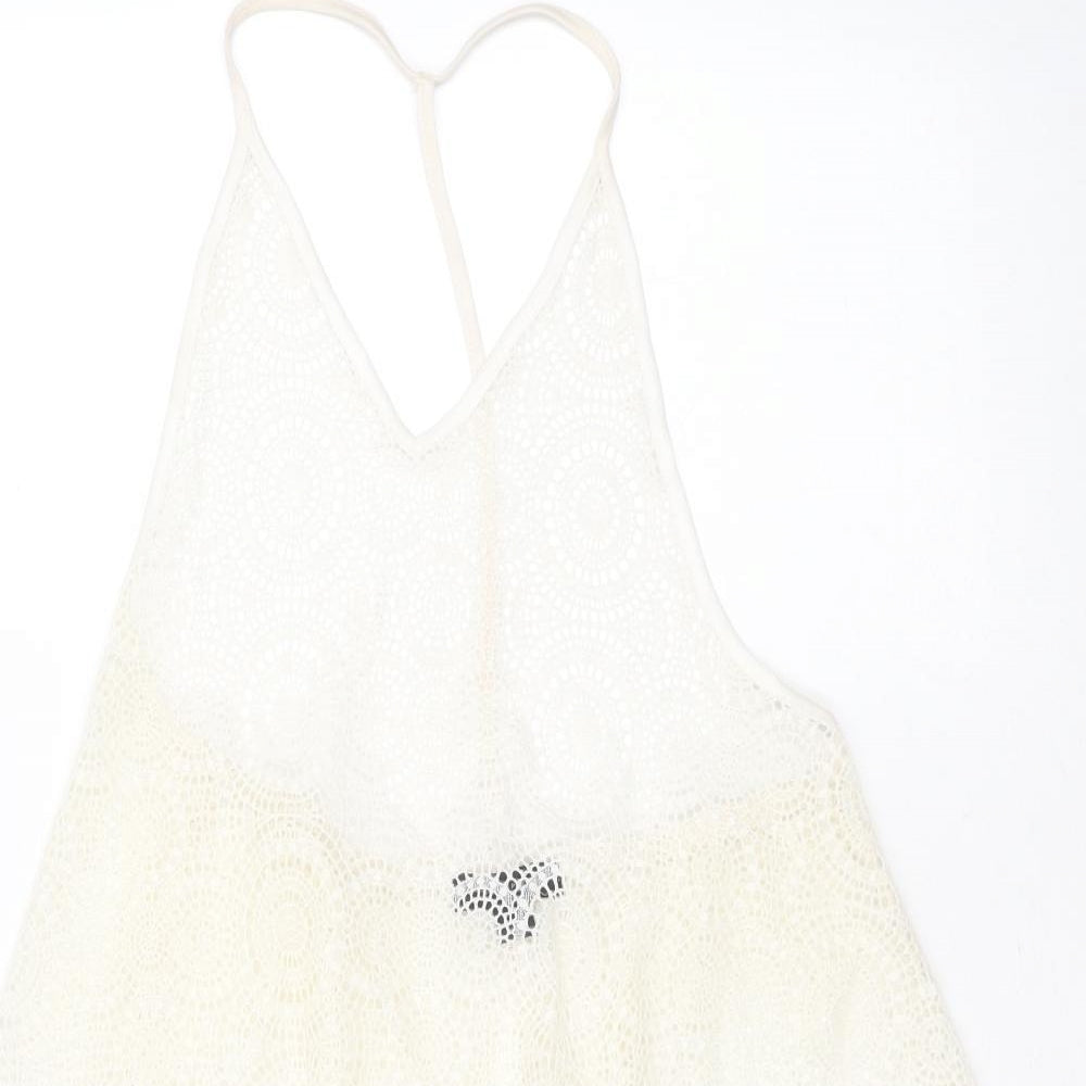 Primark Womens Ivory Geometric Nylon Basic Blouse Size S V-Neck - sheer crochet