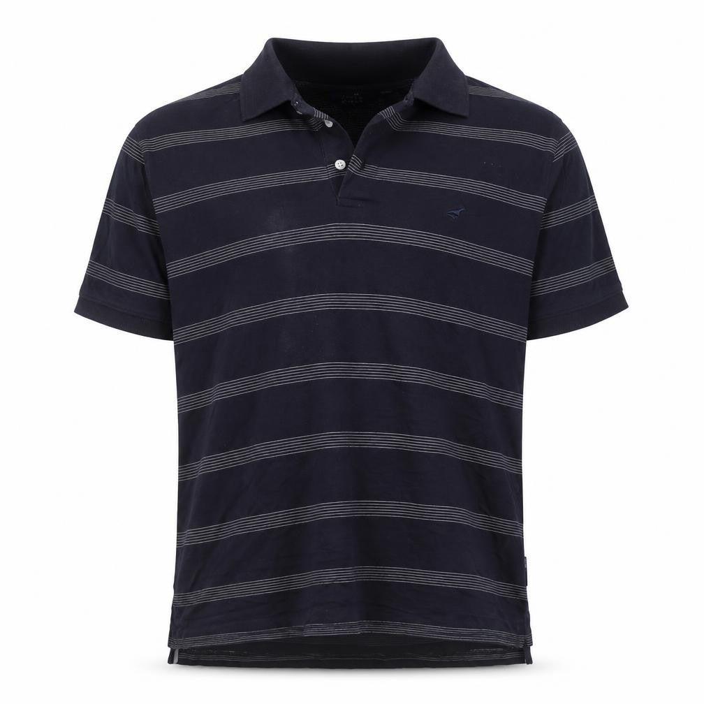 Front view of Stone Bay Golf men’s blue striped cotton polo, size XL, collared