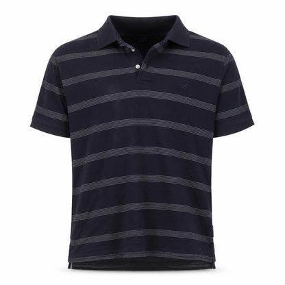Front view of Stone Bay Golf men’s blue striped cotton polo, size XL, collared