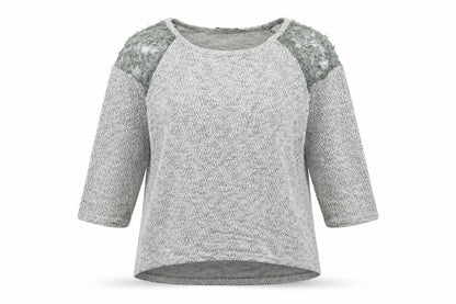Front view of George women’s green round neck polyester jumper, size UK 8, - embroidered detail