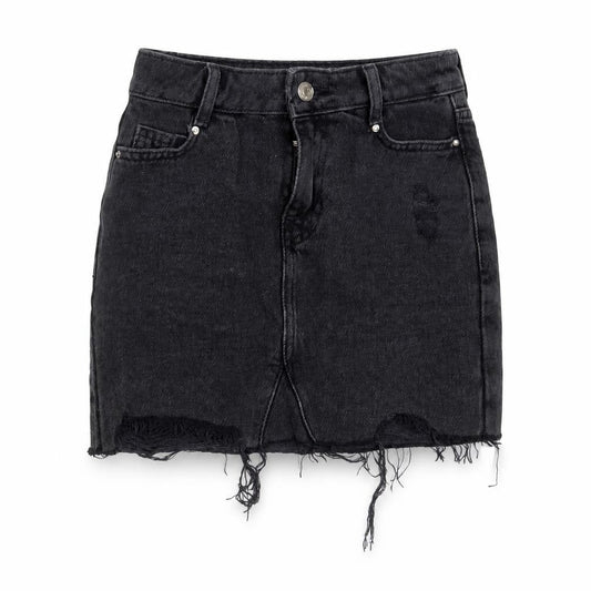 Front view of New Look girls’ grey cotton mini skirt, size 9, years regular zip - distressed hem