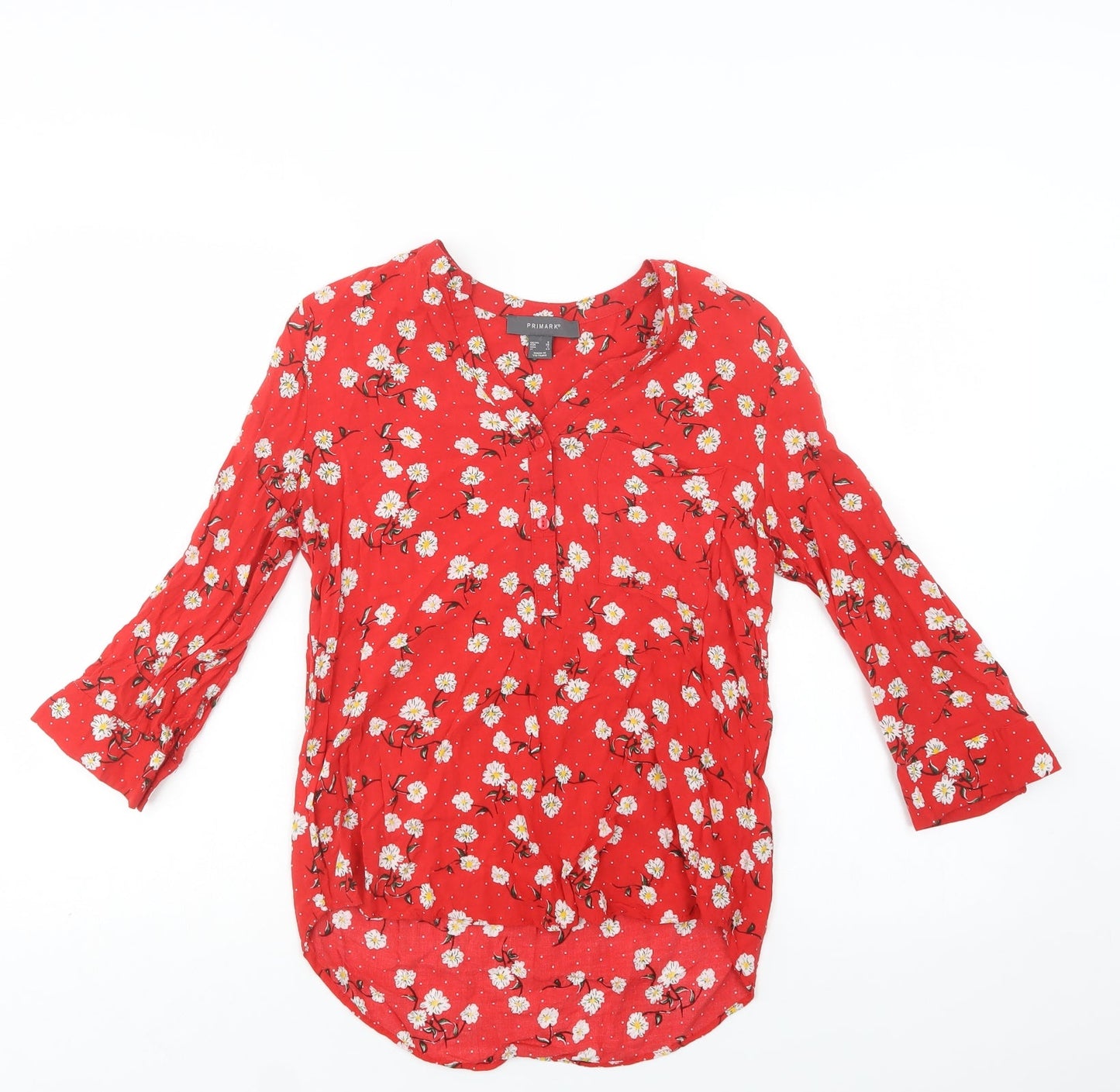 Primark Womens Red Floral Viscose Basic Button-Up Size 8 V-Neck