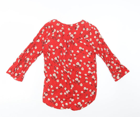 Primark Womens Red Floral Viscose Basic Button-Up Size 8 V-Neck