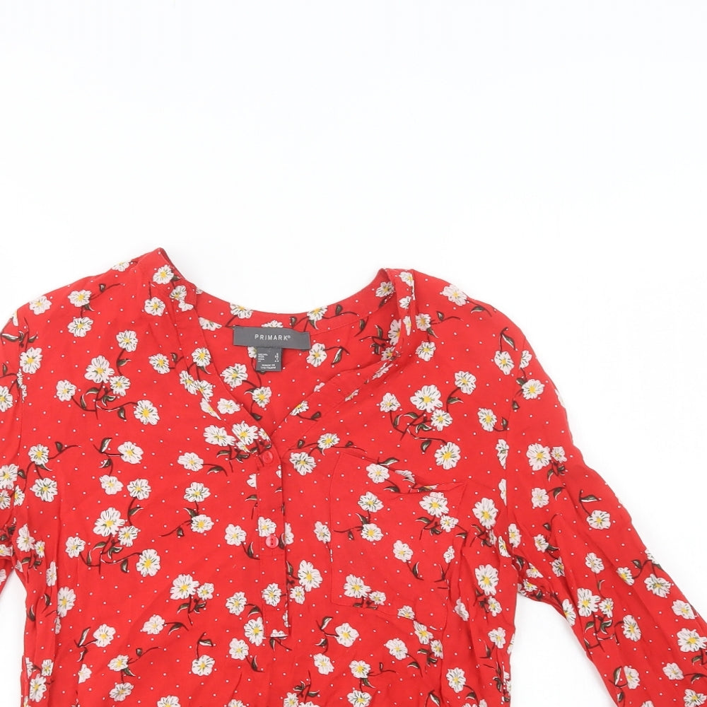 Primark Womens Red Floral Viscose Basic Button-Up Size 8 V-Neck