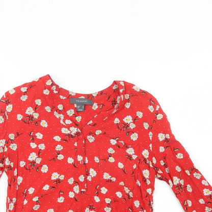 Primark Womens Red Floral Viscose Basic Button-Up Size 8 V-Neck