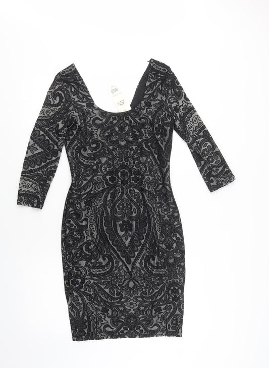 Miss Selfridge Womens Black Floral Polyamide Bodycon  Size 10  Scoop Neck  - Lace Overlay