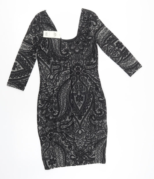 Miss Selfridge Womens Black Floral Polyamide Bodycon  Size 10  Scoop Neck  - Lace Overlay