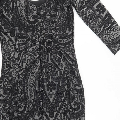 Miss Selfridge Womens Black Floral Polyamide Bodycon  Size 10  Scoop Neck  - Lace Overlay