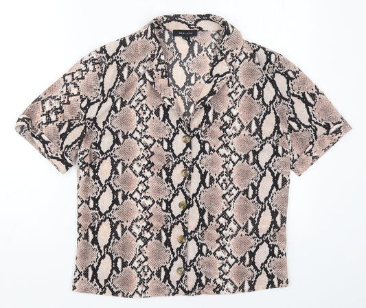 New Look Womens Pink Animal Print Polyester Basic Button-Up Size 10 Collared