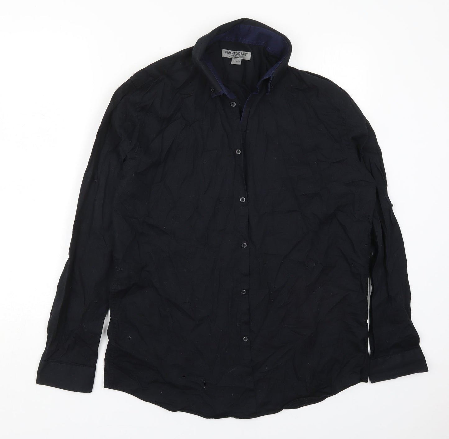 Mens UK Size 16 Cedar Wood State Black  Button-Up Long Sleeve Casual Shirt