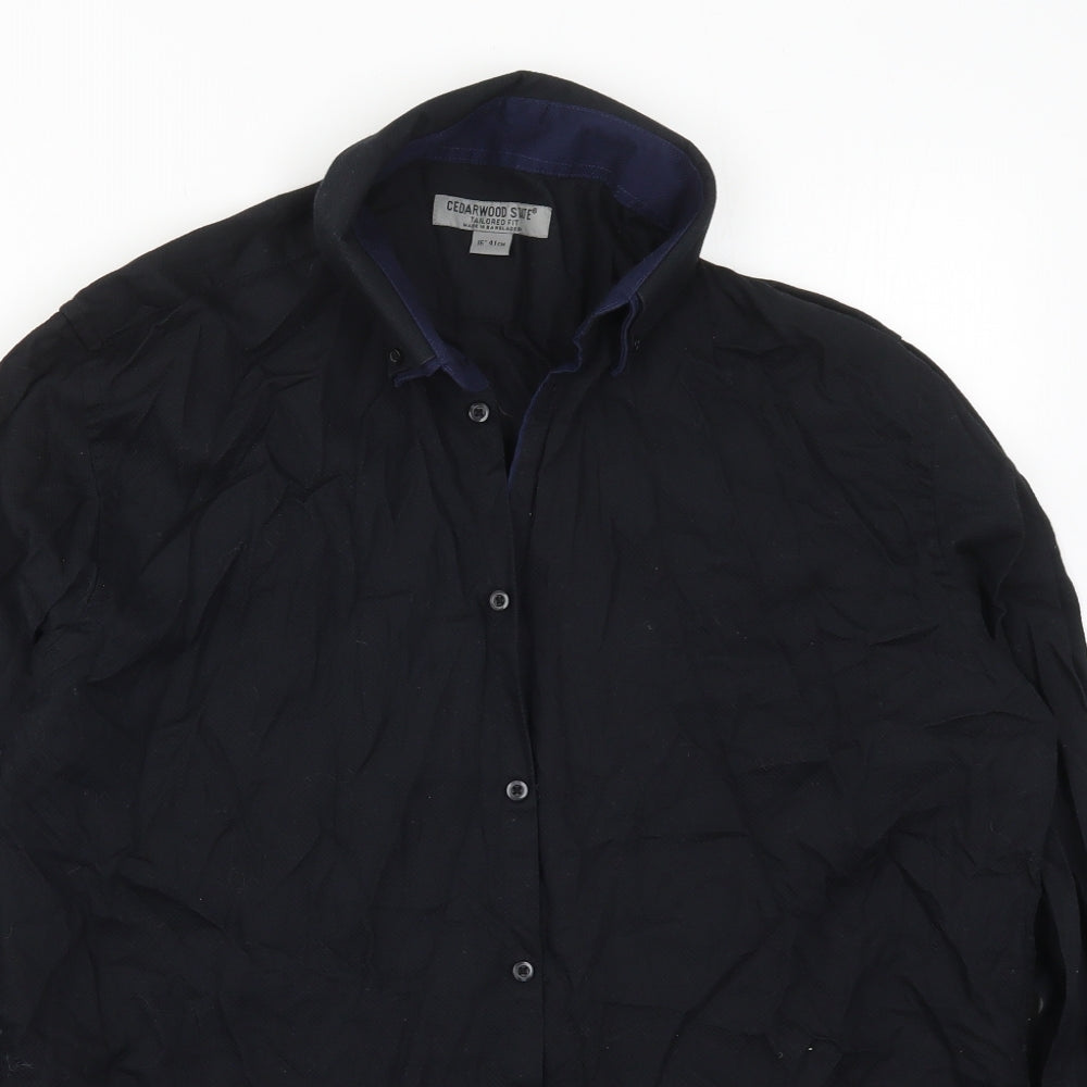 Mens UK Size 16 Cedar Wood State Black  Button-Up Long Sleeve Casual Shirt