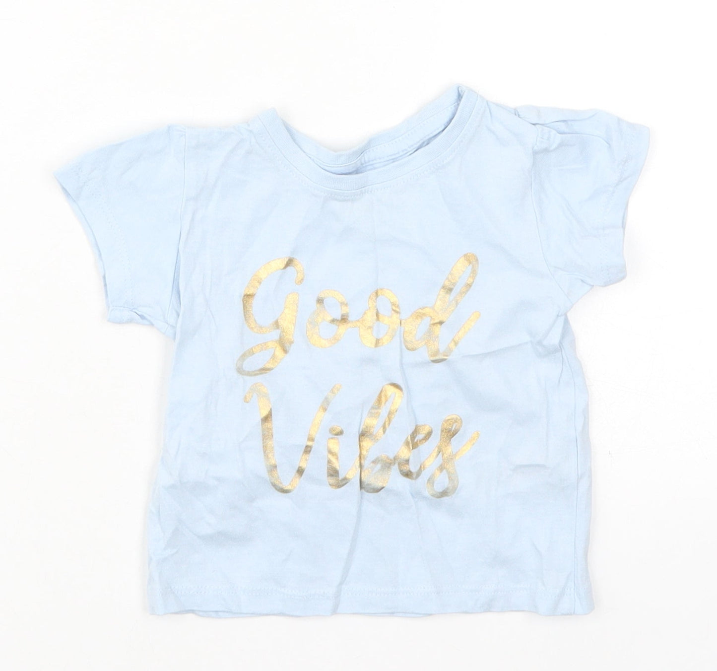 Primark Baby Blue  Cotton Basic T-Shirt Size 9-12 Months Crew Neck Pullover - Good Vibes