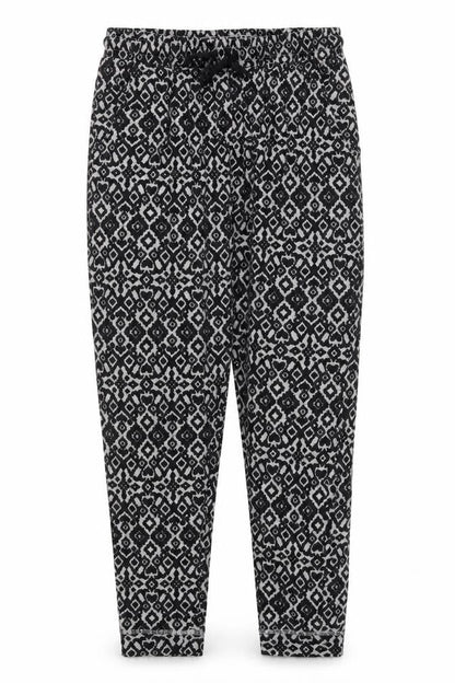 Front view of H&M women’s grey geometric cotton trousers, size S, 23-inch leg regular drawstring - pyjama pants