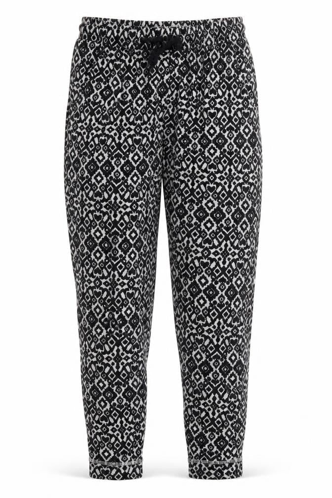 Front view of H&M women’s grey geometric cotton trousers, size M, 23-inch leg regular drawstring - pyjama pants