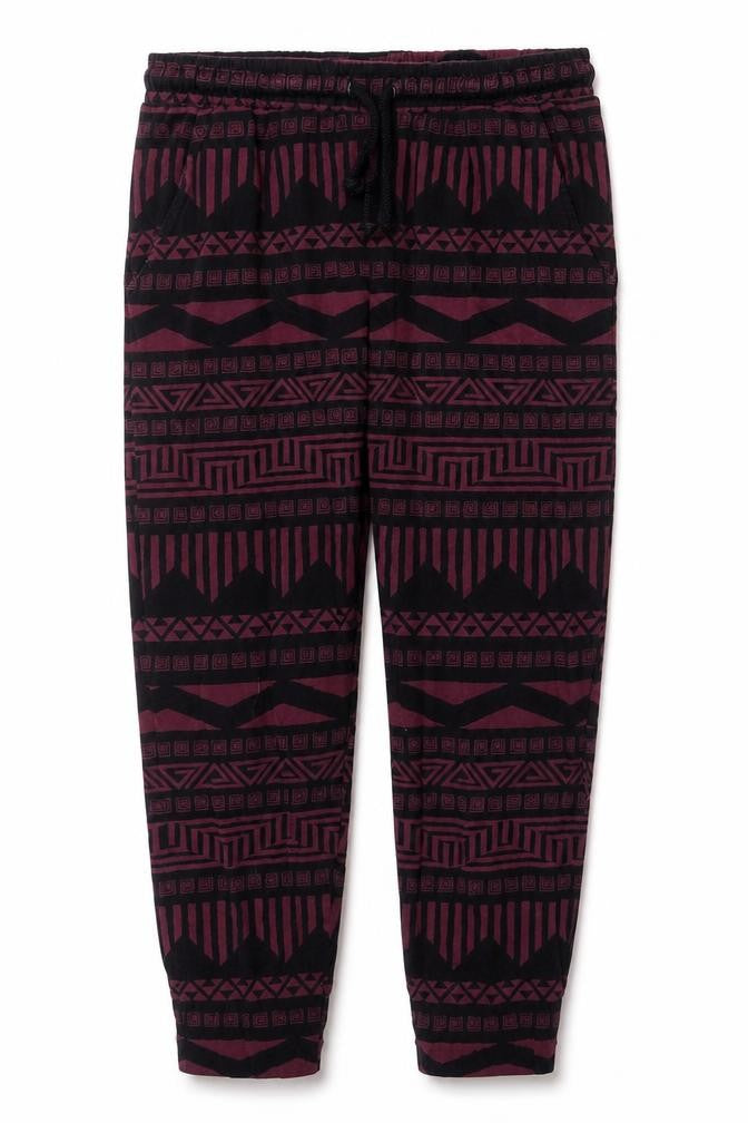 Front view of H&M women’s purple geometric cotton trousers, size S, 20-inch leg regular drawstring - pyjama pants