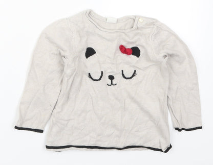 H&M Girls Beige Round Neck  Cotton Pullover Jumper Size 2 Years  Pullover - Bear