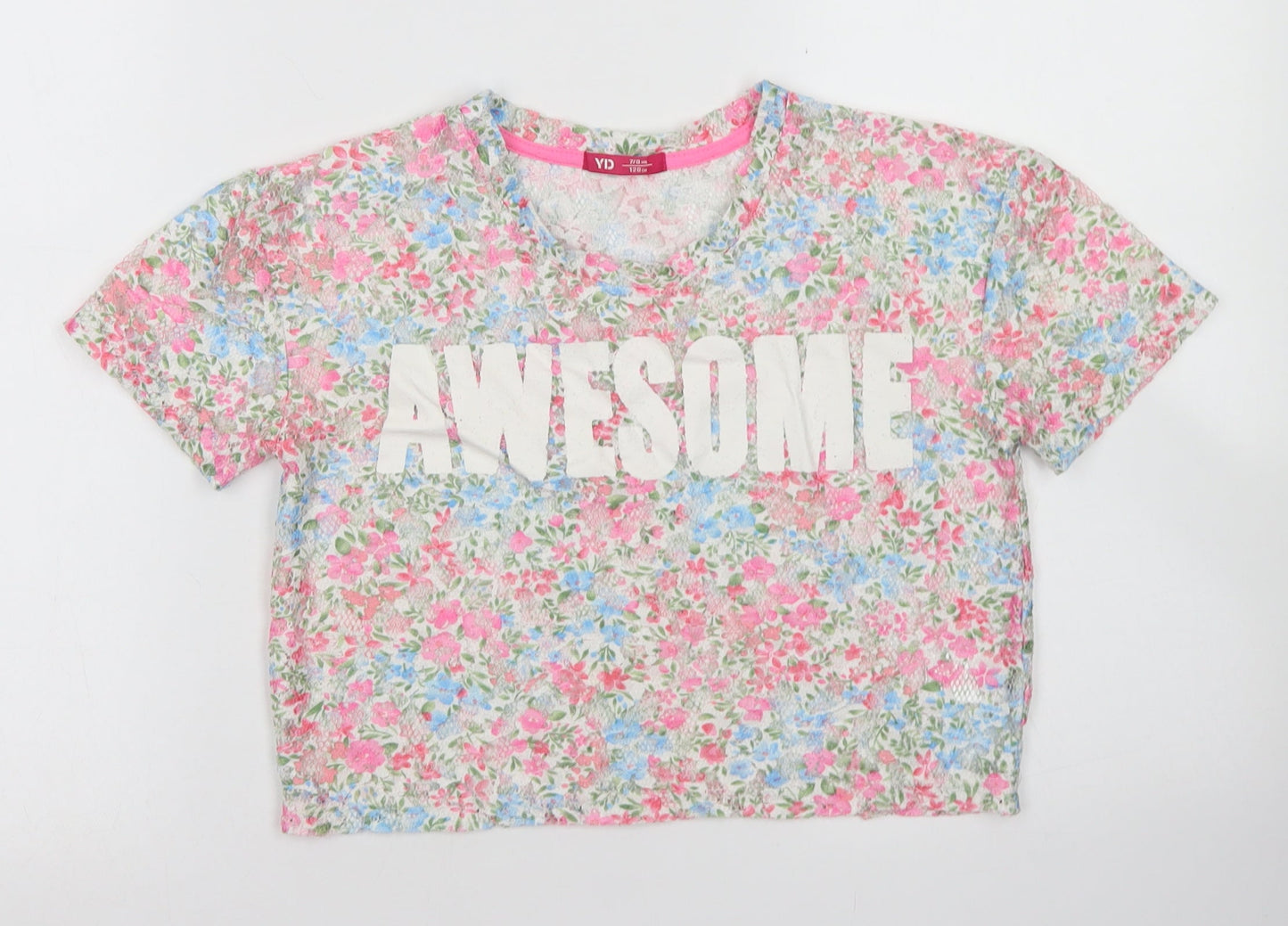 Young Dime3nsion Girls Ivory Floral Polyester Cropped Blouse Size 7-8 Years Crew Neck