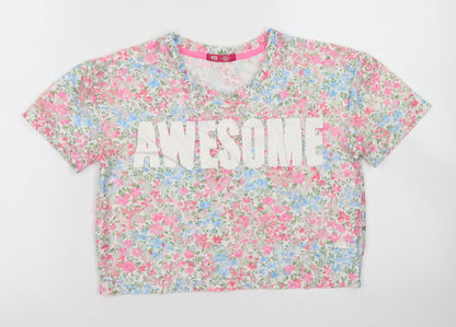 Young Dime3nsion Girls Ivory Floral Polyester Cropped Blouse Size 7-8 Years Crew Neck