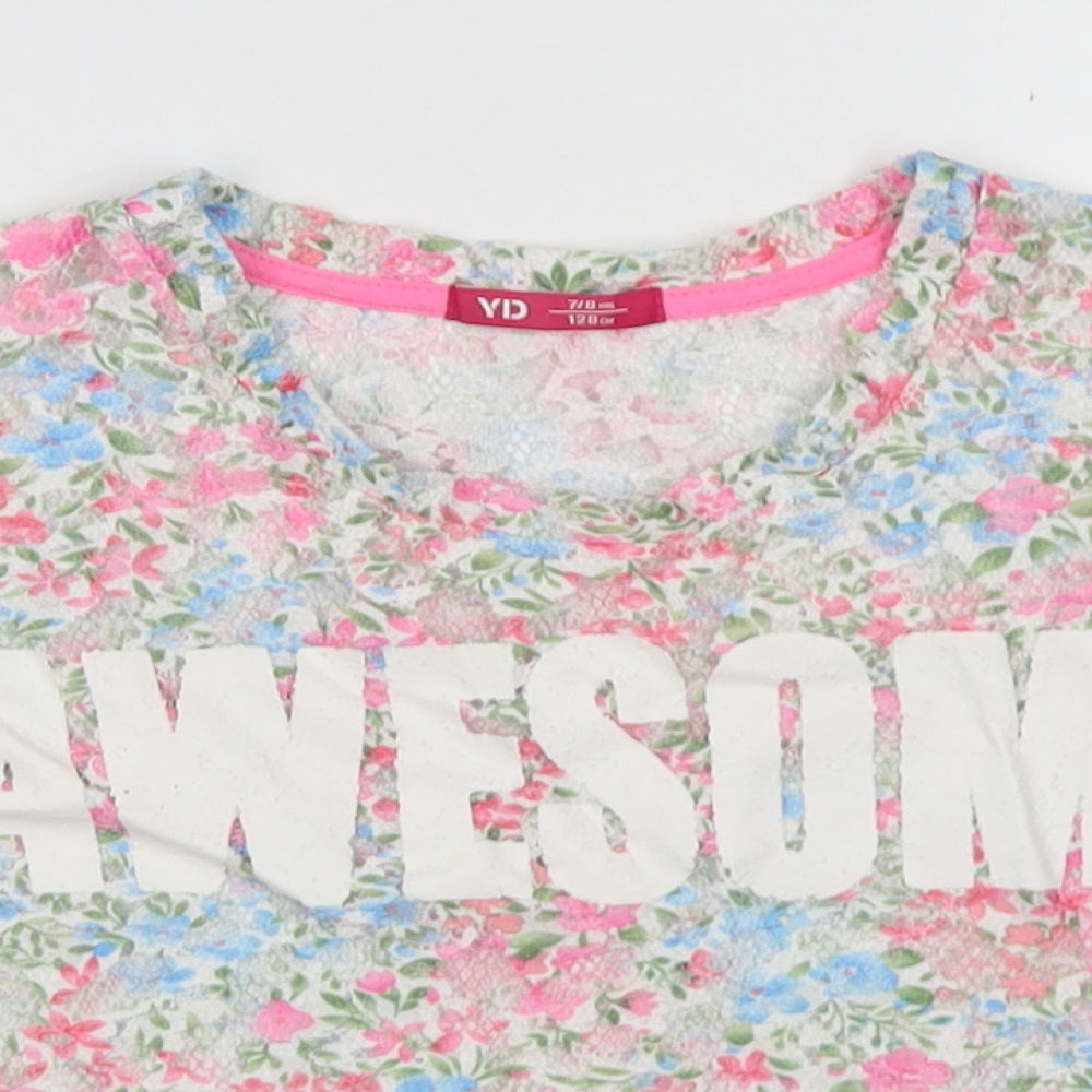 Young Dime3nsion Girls Ivory Floral Polyester Cropped Blouse Size 7-8 Years Crew Neck