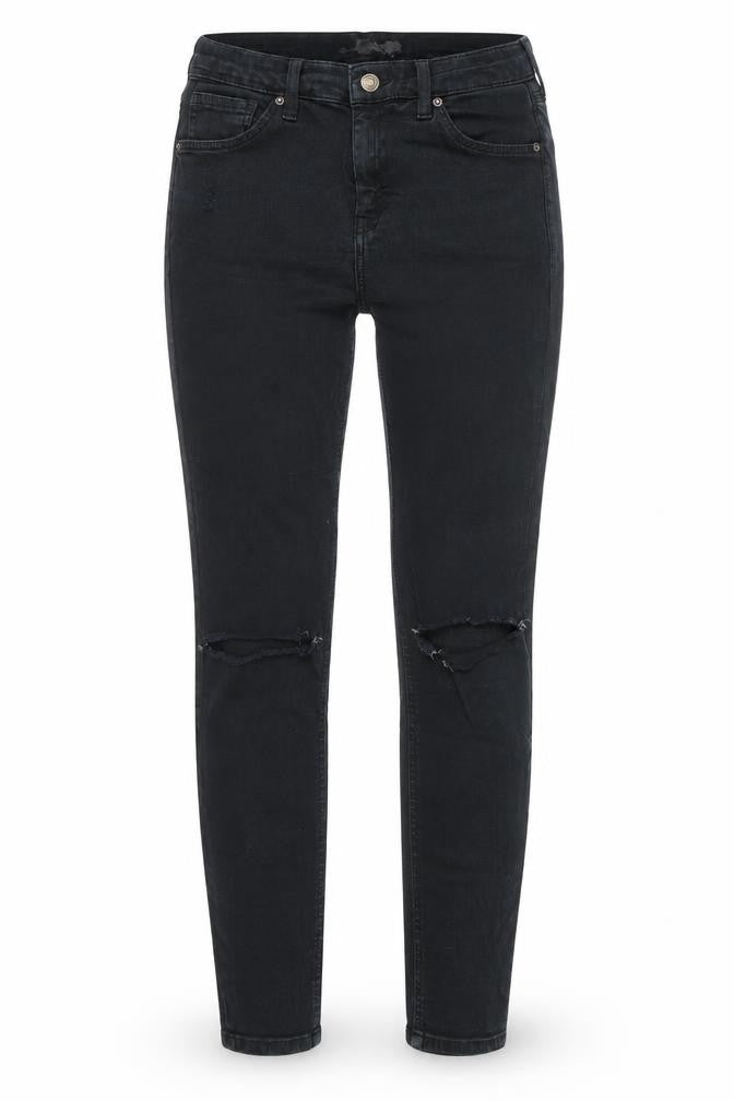 Front view of Topshop women’s black cotton skinny jeans, size UK 28, in, 27-inch leg regular zip