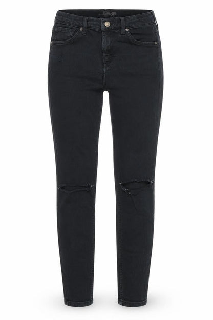 Front view of Topshop women’s black cotton skinny jeans, size UK 28, in, 27-inch leg regular zip