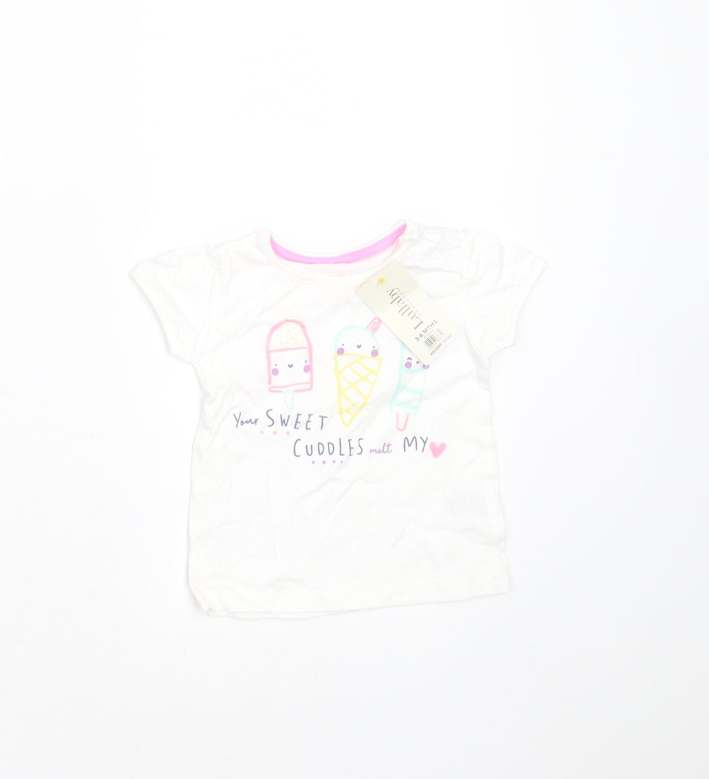 Peacocks Girls White  Cotton Basic T-Shirt Size 3-6 Months Round Neck  - icecream