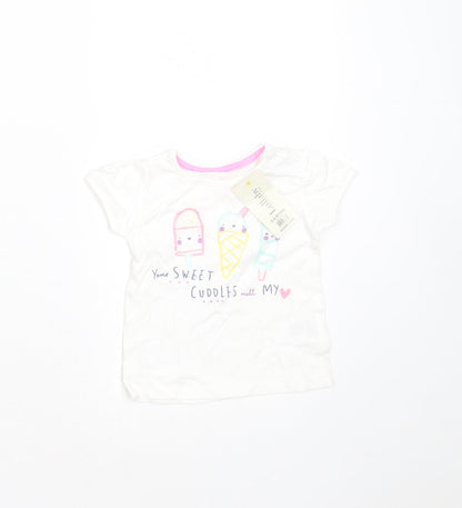 Peacocks Girls White  Cotton Basic T-Shirt Size 3-6 Months Round Neck  - icecream