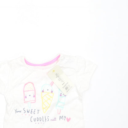 Peacocks Girls White  Cotton Basic T-Shirt Size 3-6 Months Round Neck  - icecream