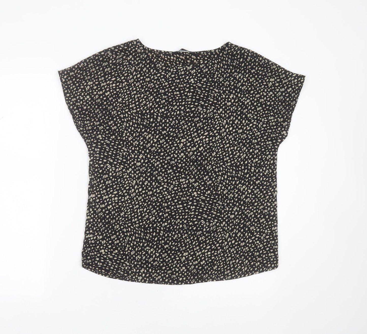 SIMON JERSEY Womens Black Floral Polyester Basic T-Shirt Size 10 Round Neck