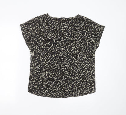 SIMON JERSEY Womens Black Floral Polyester Basic T-Shirt Size 10 Round Neck
