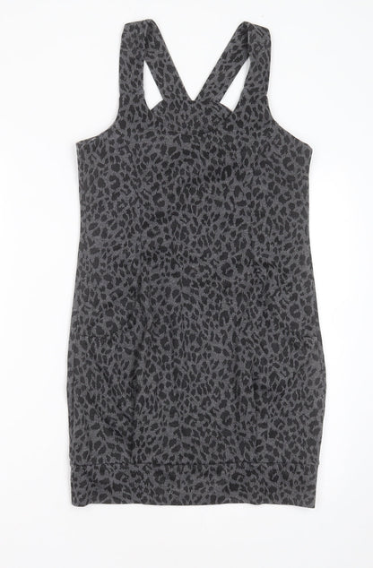Preworn Womens Grey Animal Print Polyester Mini  Size 8  Round Neck