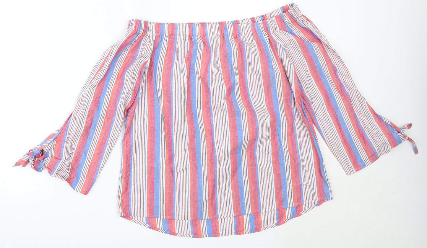 Papaya Womens Red Striped Cotton Basic Blouse Size 8 Off the Shoulder