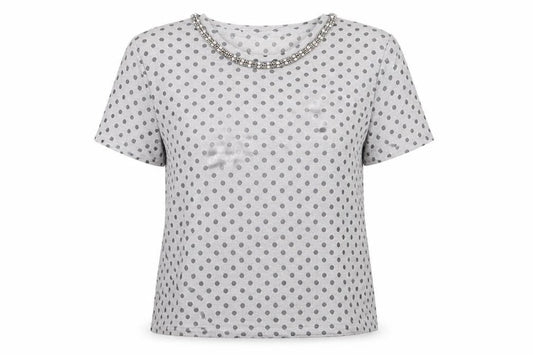 Front view of Threadbare women’s grey polka dot polyester basic blouse, size UK 12, round neck